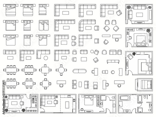 Architectural floor plan furniture symbols vector set for interior design and apartment layout blueprint planning