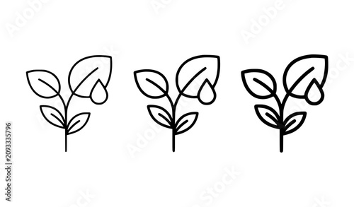 Plant Sprout and Water Droplet Line Icon Set with Varying Stroke Thickness