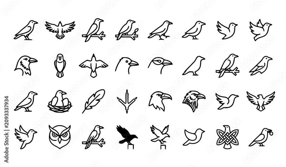 Fototapeta premium Simple Crow Bird Line Icon Set with Editable Stroke Minimal Vector Illustration