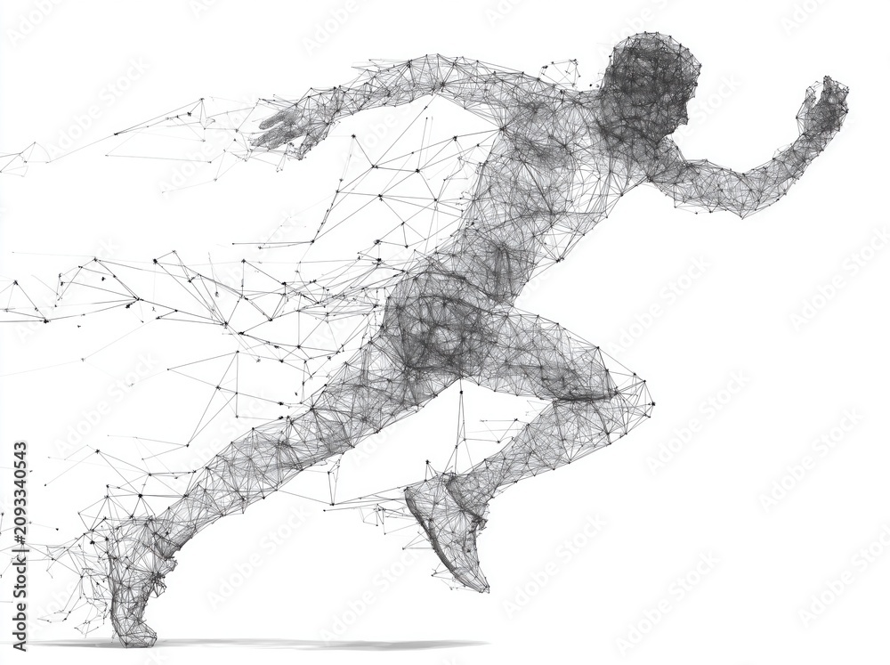 Fototapeta premium Abstract line and point connection technology of a running athlete, a minimalistic illustration concept on a white background.