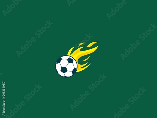 A soccer ball is depicted with yellow flames trailing behind, set against a dark green background. The ball features the classic black and white hexagonal pattern. The flames suggest motion and speed,