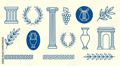 Cuadro en lienzo Ancient Greek Architectural Motifs And Laurel Wreaths Blue Line Illustration arc
