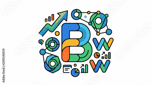 Colorful abstract design with charts arrows and letters B and W