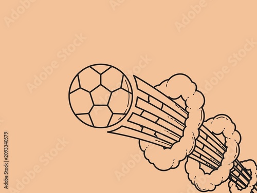 A dynamic illustration featuring a soccer ball (hexagonal pattern) propelled forward with lines indicating motion. Surrounding the ball are stylized clouds of smoke, enhancing the sense of speed and e