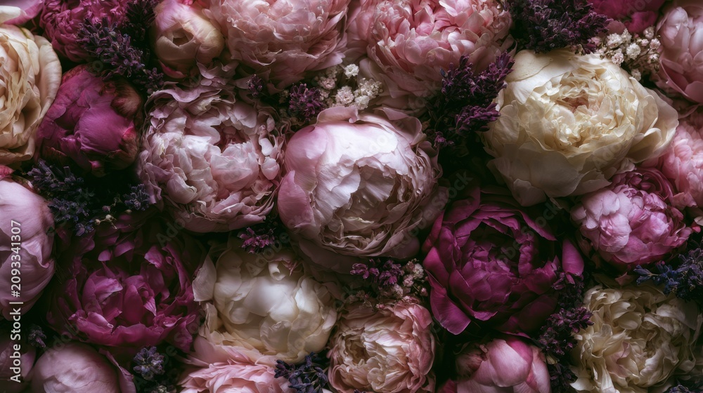 Obraz premium Beautiful arrangement of pink and white peonies with purple lavender