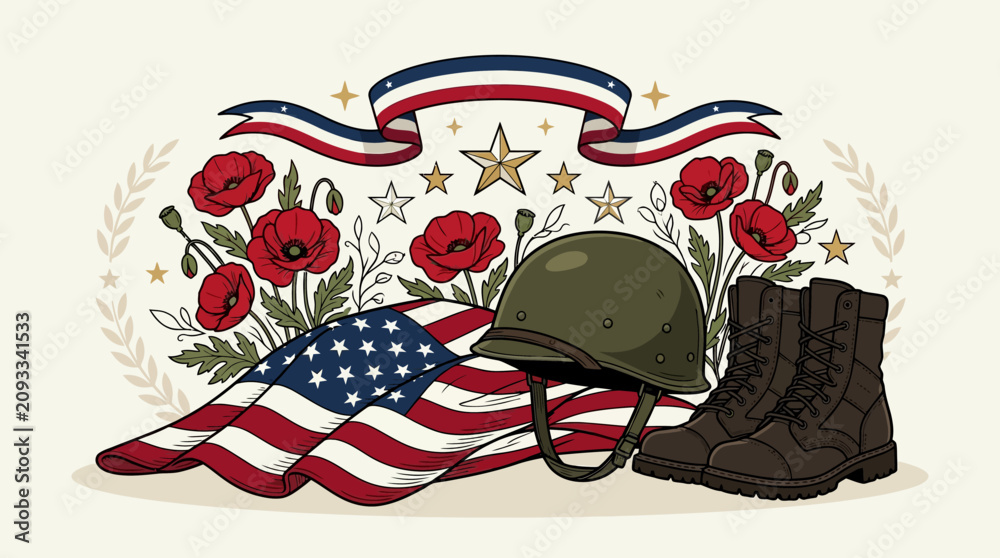 Fototapeta premium Memorial Day illustration features a patriotically decorated American flag, military helmet, boots, and red poppies with stars and ribbons.