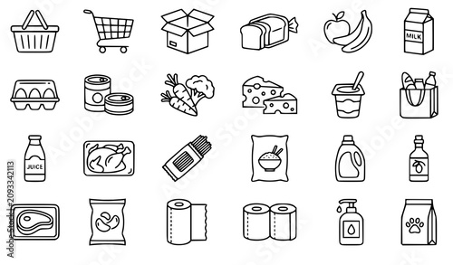 Fotografie Grocery Shopping Line Icon Set with Food Basket and Product Symbols Vector