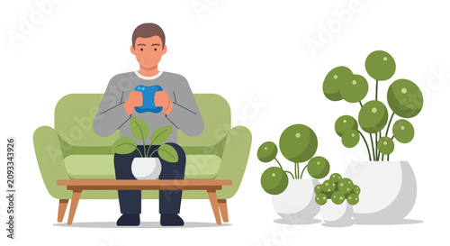 Foto A casual man relaxes on a green couch, holding a blue controller while surrounded by several vibrant indoor plants in white pots