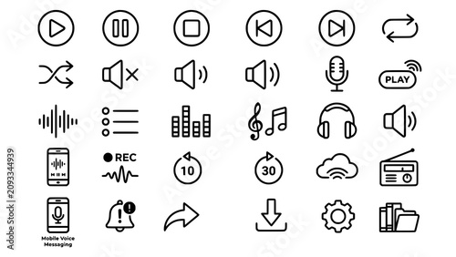 Digital multimedia interface icon set for audio and playback controls with interface