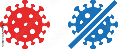 Foto Red and blue virus icons with prohibition sign