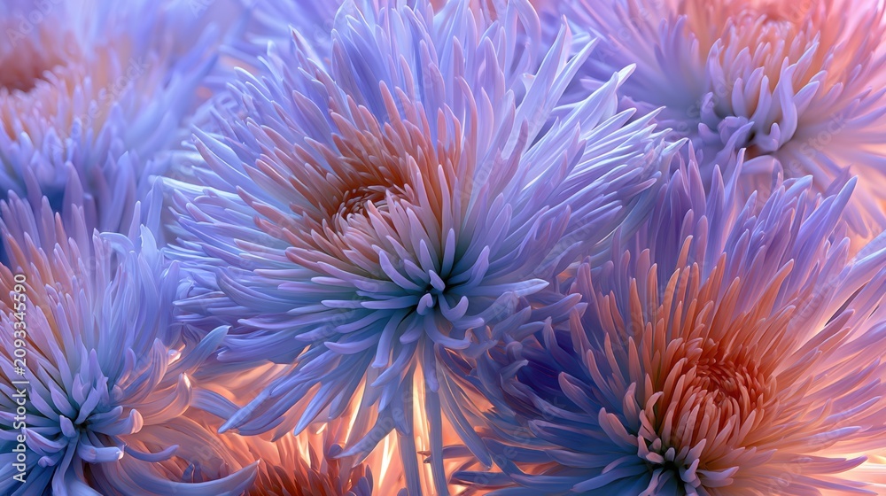 Fototapeta premium Closeup of vibrant purple and orange chrysanthemum flowers in full bloom