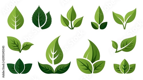 Green Leaf icon Set, Minimal Nature Plant leaves Logo Collection, Modern Symbol Set of Single one, two and three Fresh Organic Leaves Vector isolated on white background White background Stock Vector