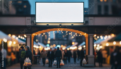 Blank advertising billboard mockup above busy evening farmers market entrance in city