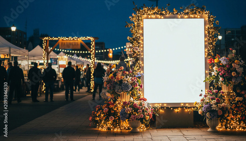  Blank illuminated vertical display mockup with floral decor at evening farmers market festival