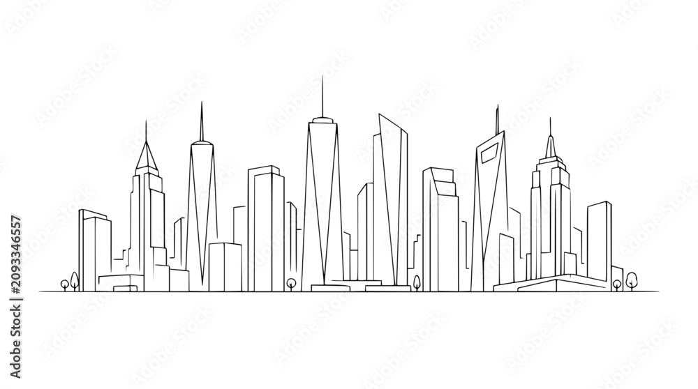 Fototapeta premium Minimalist city skyline line art illustration of skyscrapers