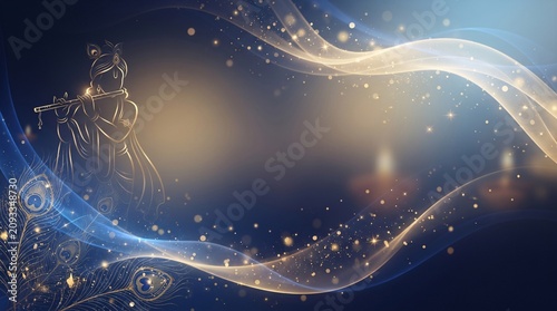 Spiritual Glow Lord Krishna with Flute, Peacock Feathers, and Celestial Light Accents on a Deep Blue Background