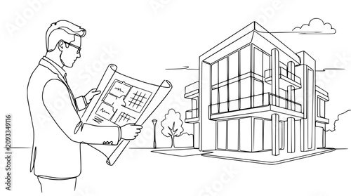 Architect holding blueprint next to modern house line art