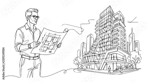 Architect holding blueprint next to modern skyscraper sketch continuous line art vector