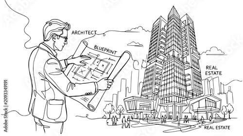 Architect holding blueprint next to modern skyscraper line art sketch