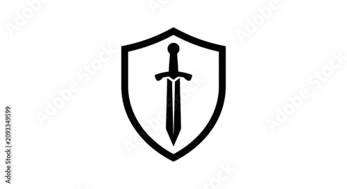Vector image of a sharp medieval sword positioned vertically inside a protective warrior shield crest outline on a plain white background