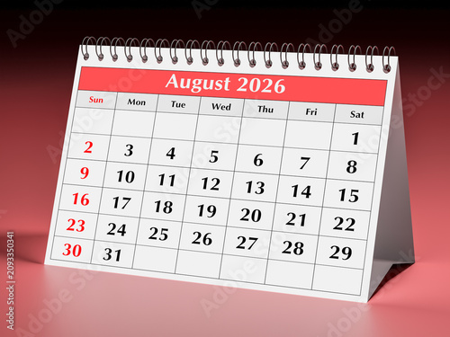 August month 2026 calendar. One page of annual business desk monthly flip calendar