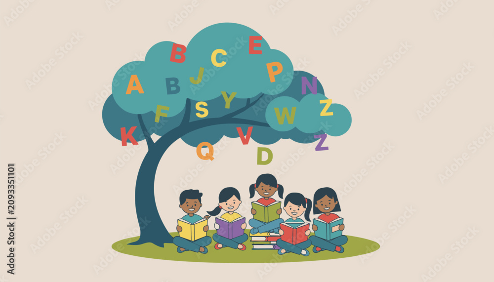 Fototapeta premium Diverse children happily read books under a tree with colorful alphabet letters floating around, symbolizing early literacy and imagination.