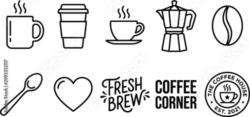 Photos Set of simple black coffee icons including cups mugs beans and brewing equipment
