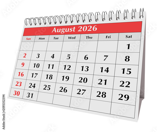 August 2026 annual desk flip calendar page with transparent png background