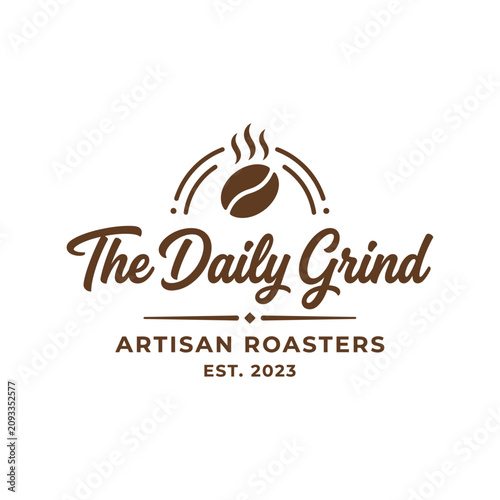 The daily grind coffee shop logo design with a roasted coffee bean icon and artisan text
