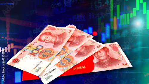 Canvas Print Bar charts, financial data tables, and Chinese yuan renminbi banknotes coming out of a red envelope on a stock market screen