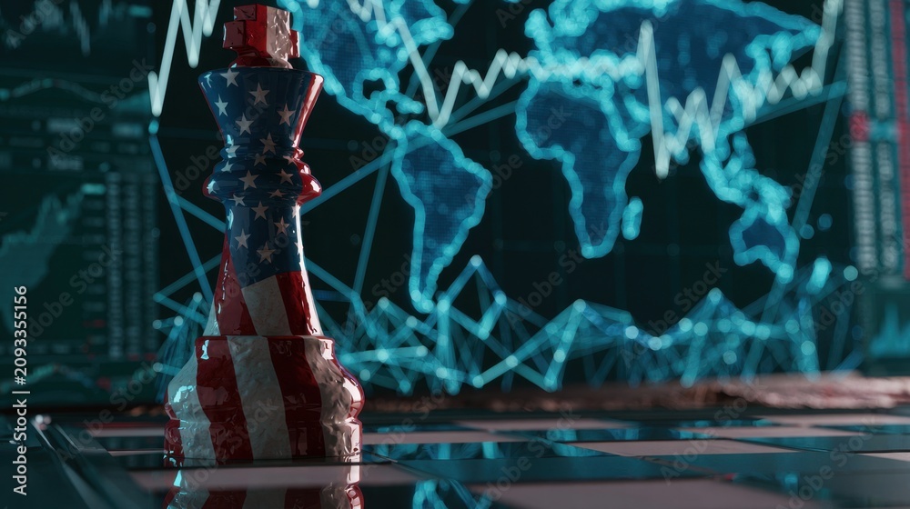 Fototapeta premium Close-up of a king chess piece decorated with a national flag pattern on a chessboard with a futuristic digital world map and financial graph interface in the background