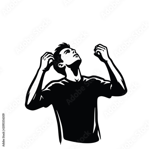 Frustrated man looking up at a hot blazing sky. Extreme heat concept. Black and white vector illustration