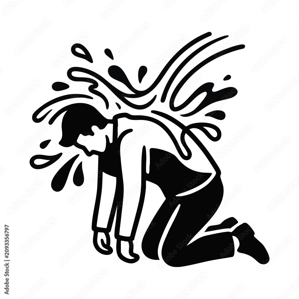 Obraz premium Kneeling person being splashed with cold water for relief. Extreme heat and heatstroke concept. Black and white vector illustration isolated on transparent background