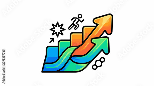 Stylized upward trending stairs with arrows representing growth and progress