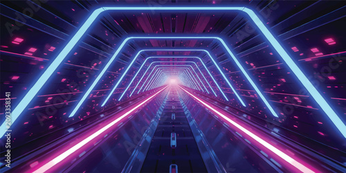 Photos Futuristic Neon Light Tunnel with Blue and Pink Energy Beams, AI Data Highway, C