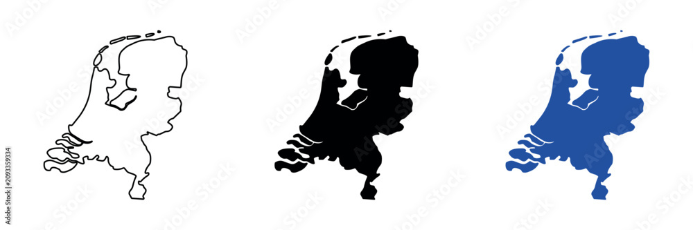 Fototapeta premium Outline and silhouette maps of the Netherlands in black and blue