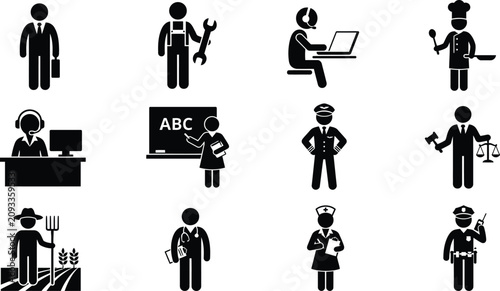 Silhouette of various occupations and professions icon in daily life 