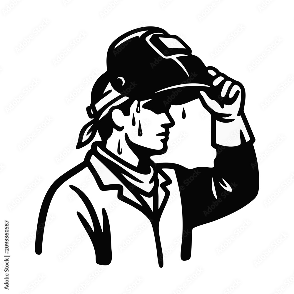 Fototapeta premium Welder lifting protective helmet with sweat pouring down. Industrial worker in extreme heat. Black and white vector illustration