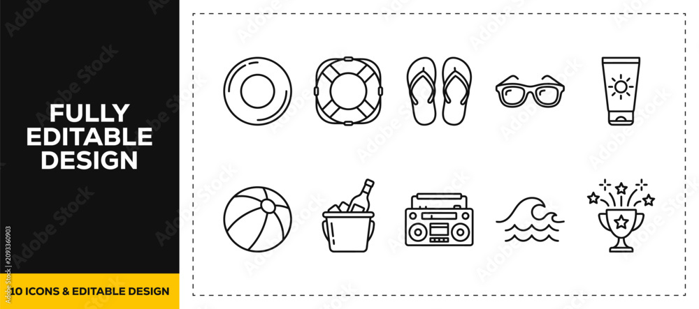 Naklejka premium flat vector illustration line art icon bundle set design focusing on summer beach holidays ocean side travels relaxing vacations tropical items and sea leisure graphics