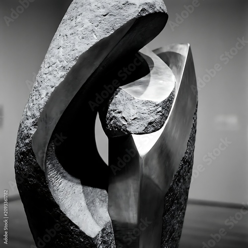 Abstract stone sculpture with sharp geometric edges and lighting.