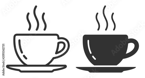 Foto hot coffee cup and saucer outline and solid icon set on transparent background