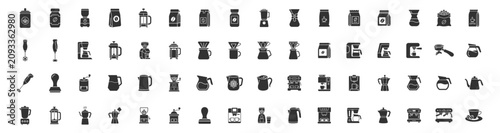 Foto coffee brewing and grinder equipment icons set, coffee preparation and accessori