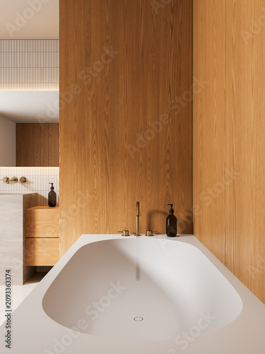 Modern bathroom interior with white bathtub, wooden wall panels, minimalist fixtures and serene architectural design emphasizing warm textures. 3D Rendering