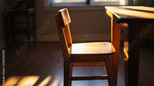 Empty child's chair beside dining table creating a quiet family evening atmosphere at home