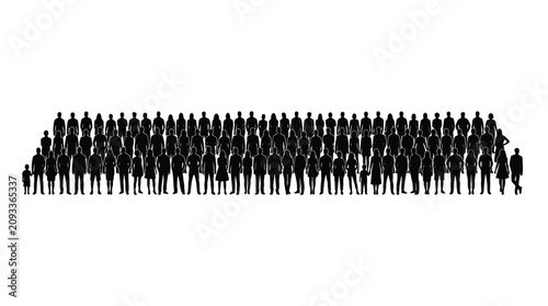 Large crowd of diverse standing people silhouettes as a clean black vector graphic design element