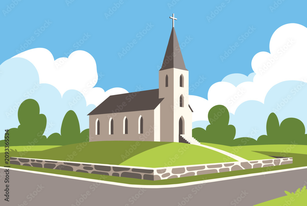 Naklejka premium Rural church building standing on a grassy hill with stone wall under a blue sky with white fluffy clouds.