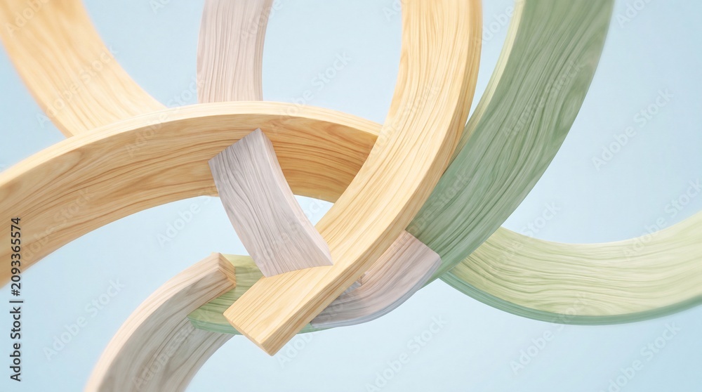 Obraz premium Intertwined arched wooden rings forming an abstract 3D composition