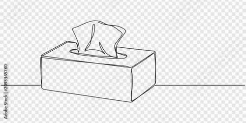 Continuous one line drawing of a tissue box with a paper tissue pulled out icon, Continuous one line drawing of a tissue box with a single paper tissue pulled out for hygiene and cleaning at home