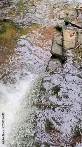A high-angle view captures water cascading over a woodland waterfall into a winding stream. Filmed in slow motion with a static shot, the scene showcases the peaceful beauty of the forest landscape.