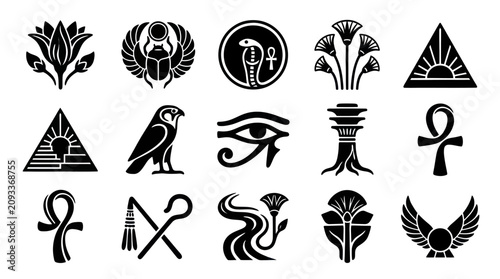 Foto Ancient Egyptian Hieroglyphic Symbols and Iconography Collection.
